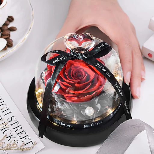 Timeless Romance LED Light Eternal Flowers in Heart Glass Dome