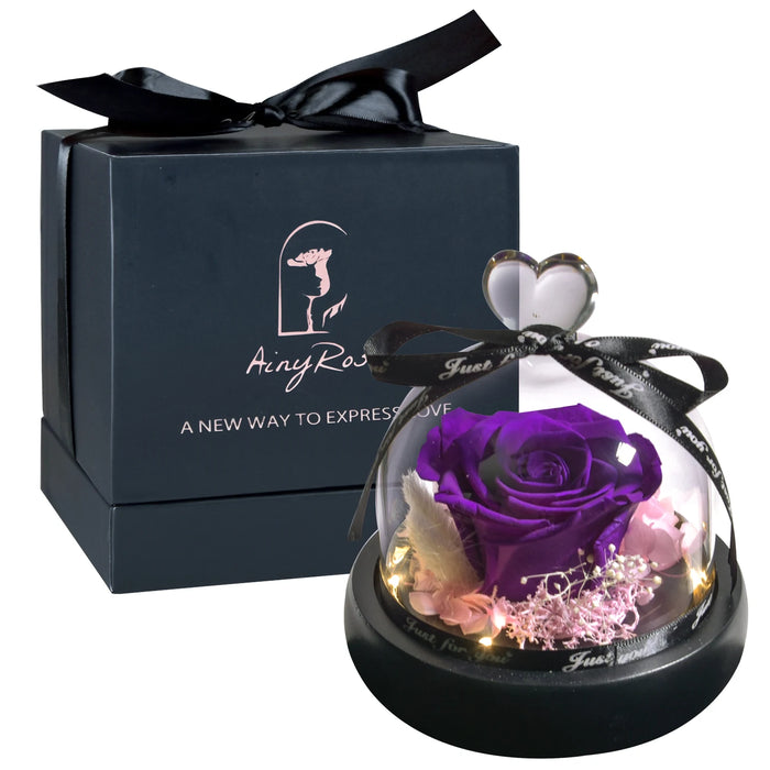 Timeless Romance LED Light Eternal Flowers in Heart Glass Dome